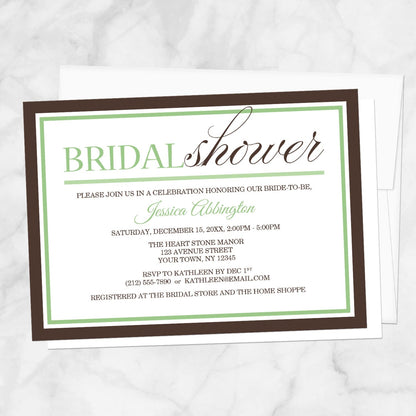 Modern Green and Brown Bridal Shower Invitation shown on a marble surface with a white envelope.