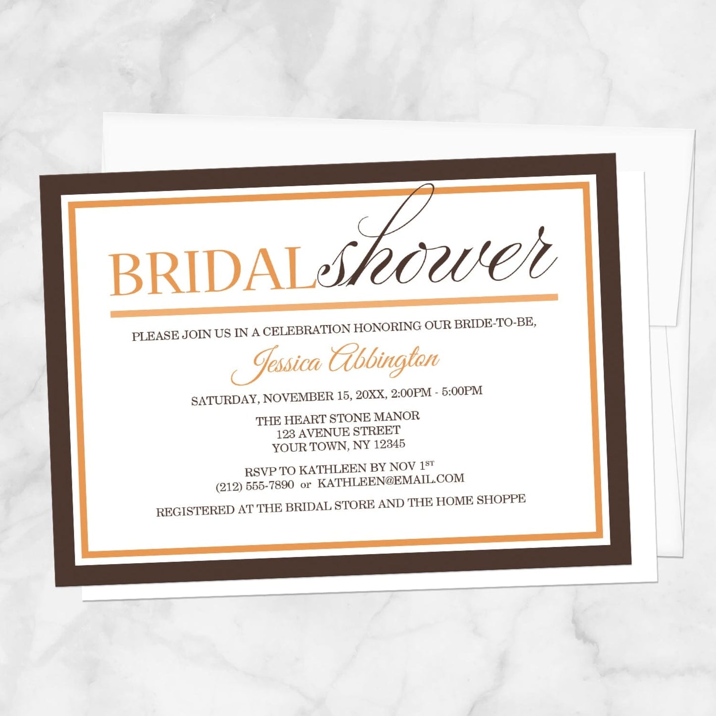 Modern Orange and Brown Autumn Bridal Shower Invitation shown on a marble surface with a white envelope.