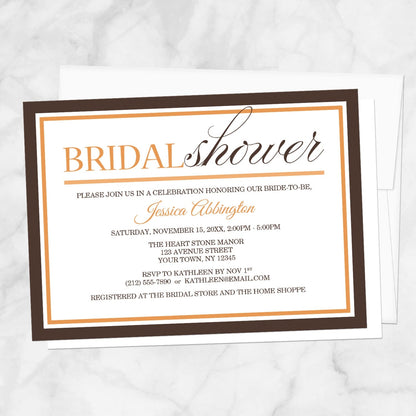 Modern Orange and Brown Autumn Bridal Shower Invitation shown on a marble surface with a white envelope.