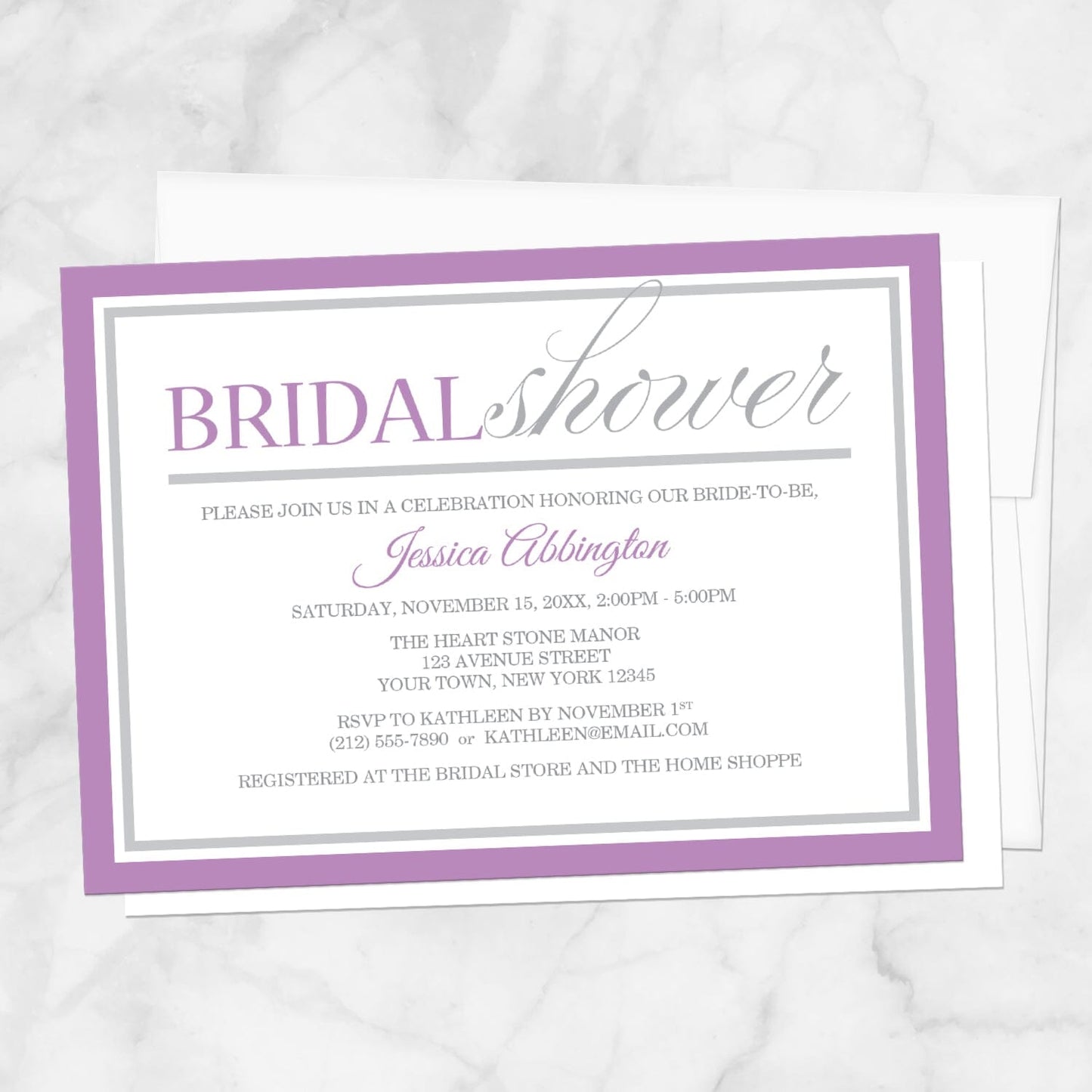 Modern Purple and Gray Bridal Shower Invitation shown on a marble surface with a white envelope.
