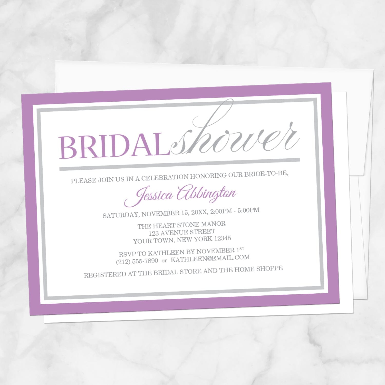 Modern Purple and Gray Bridal Shower Invitation shown on a marble surface with a white envelope.