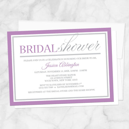 Modern Purple and Gray Bridal Shower Invitation shown on a marble surface with a white envelope.