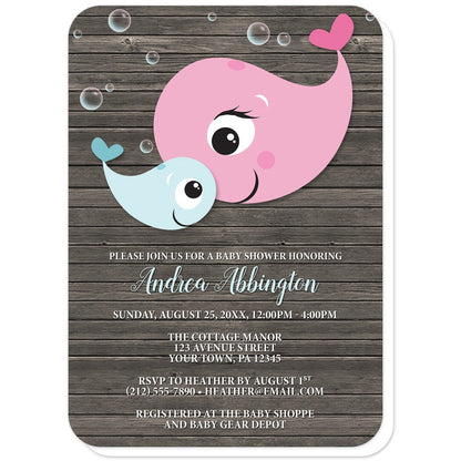 Mommy Baby Boy Whale Rustic Wood Baby Shower Invitations (with rounded corners) at Artistically Invited. Mommy baby boy whale rustic wood baby shower invitations with a cute illustration of a pink mommy whale and blue baby whale with translucent bubbles around them, over a dark brown wood background. Your personalized baby shower celebration details are custom printed in white with the mom-to-be's name printed in a light blue script font over the wood background.