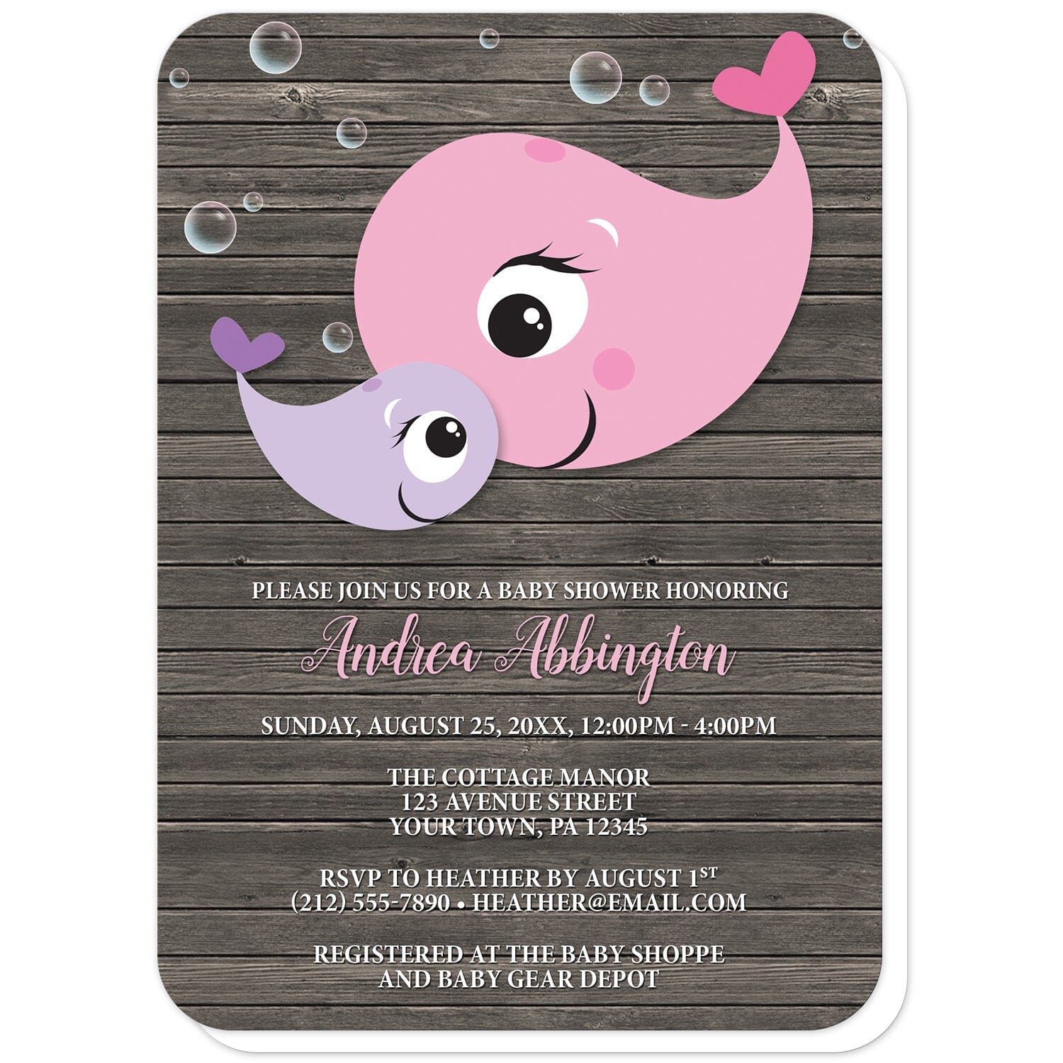 Mommy Baby Girl Whale Rustic Wood Baby Shower Invitations (with rounded corners) at Artistically Invited. Mommy baby girl whale rustic wood baby shower invitations with a cute illustration of a pink mommy whale and purple baby whale with translucent bubbles around them, over a dark brown wood background. Your personalized baby shower celebration details are custom printed in white with the mom-to-be's name printed in a pink script font over the wood background.