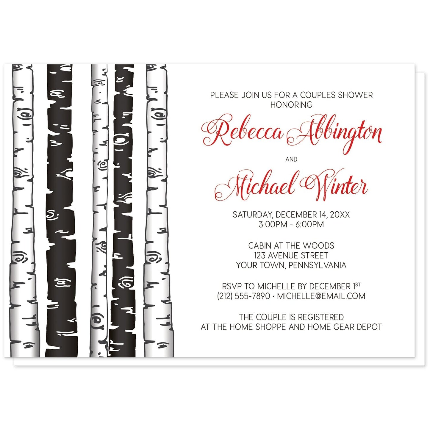 Monochrome Birch Tree with Red Couples Shower Invitations at Artistically Invited. Monochrome birch tree with red couples shower invitations with an alternating monochrome black and white birch trees illustration along the left side. Your personalized couples shower celebration details are custom printed beside the trees in black with the couple's names printed in a red script font for a splash of color.