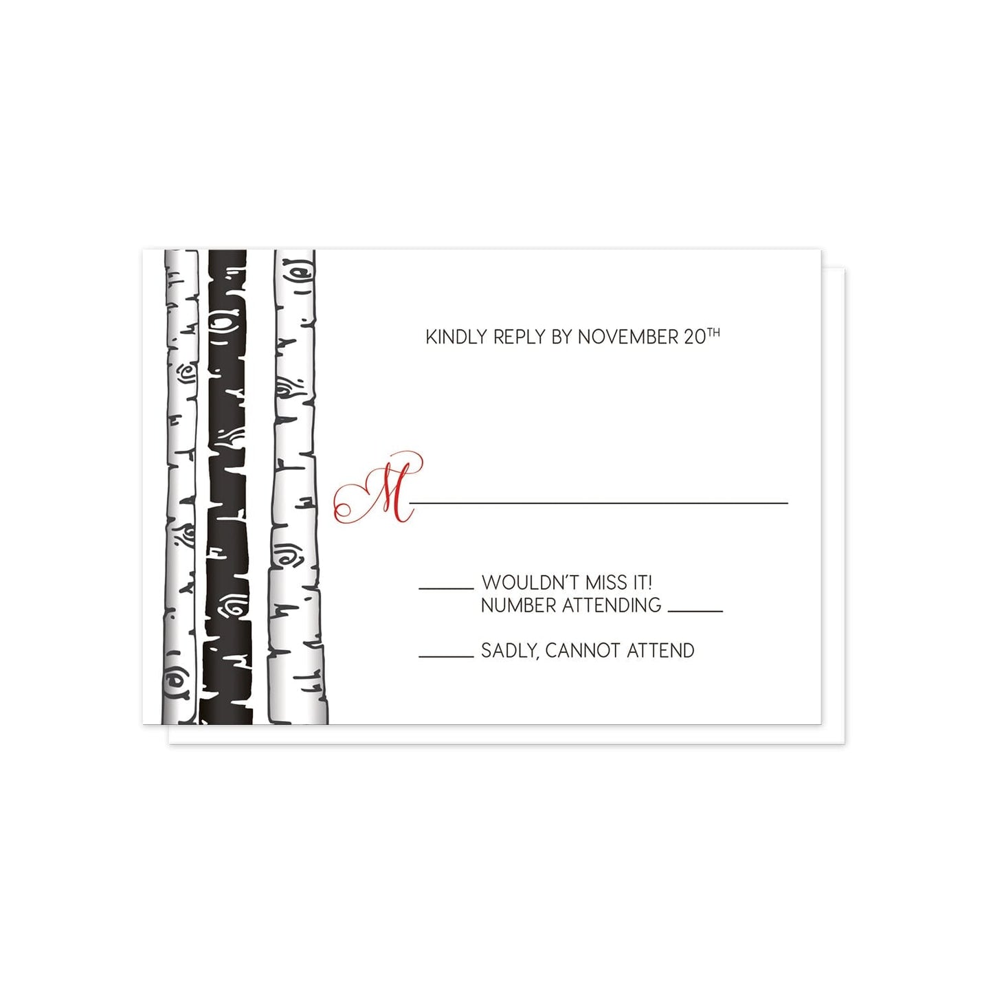 Monochrome Birch Tree with Red RSVP Cards at Artistically Invited.