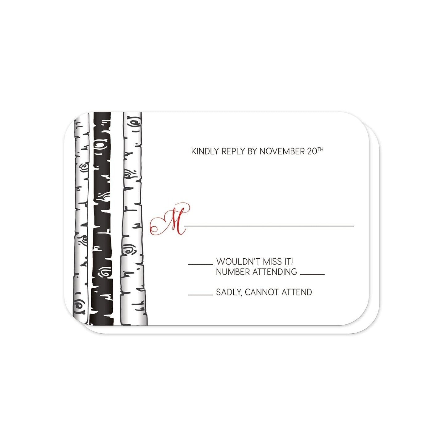 Monochrome Birch Tree with Red RSVP Cards (with rounded corners) at Artistically Invited.
