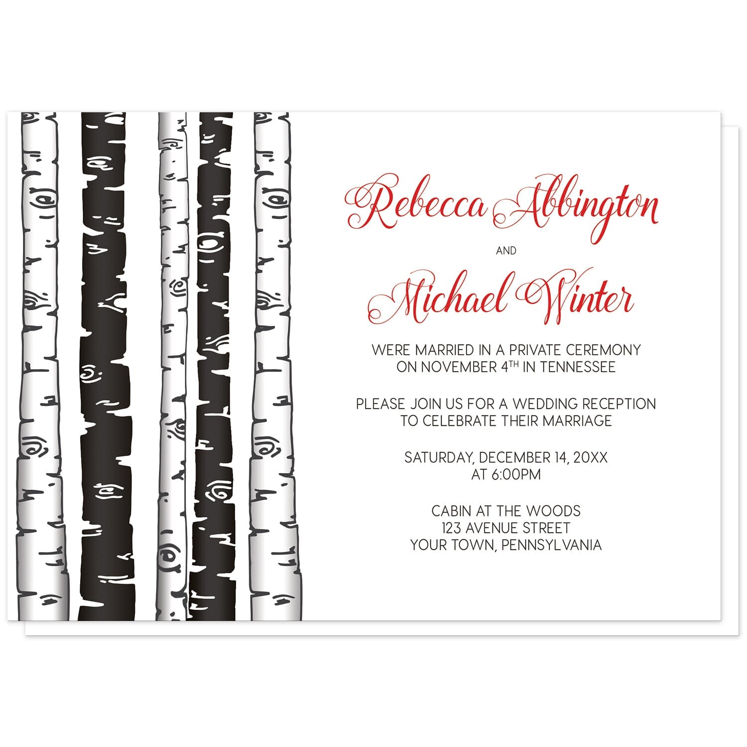 Monochrome Birch Tree with Red Reception Only Invitations at Artistically Invited. Monochrome birch tree with red reception only invitations with an alternating monochrome black and white birch trees illustration along the left side. Your personalized post-wedding reception details are custom printed beside the trees in black with the couple's names printed in a red script font for a splash of color.