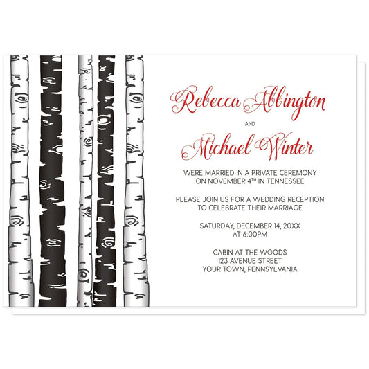 Monochrome Birch Tree with Red Reception Only Invitations at Artistically Invited. Monochrome birch tree with red reception only invitations with an alternating monochrome black and white birch trees illustration along the left side. Your personalized post-wedding reception details are custom printed beside the trees in black with the couple's names printed in a red script font for a splash of color.