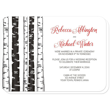 Monochrome Birch Tree with Red Reception Only Invitations (with rounded corners) at Artistically Invited. Monochrome birch tree with red reception only invitations with an alternating monochrome black and white birch trees illustration along the left side. Your personalized post-wedding reception details are custom printed beside the trees in black with the couple's names printed in a red script font for a splash of color.