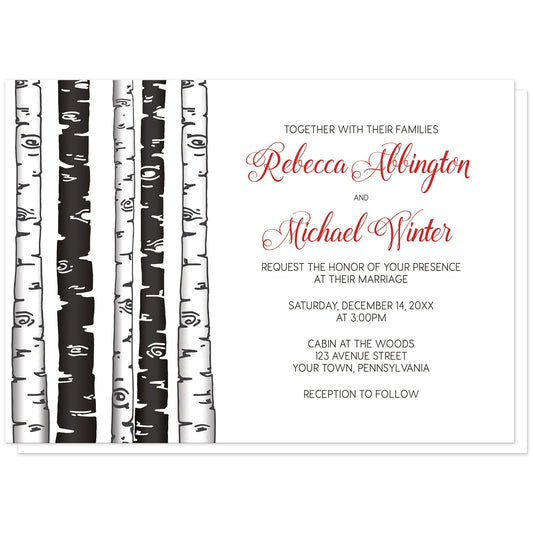 Monochrome Birch Tree with Red Wedding Invitations at Artistically Invited. Monochrome birch tree with red wedding invitations with an alternating monochrome black and white birch trees illustration along the left side. Your personalized marriage celebration details are custom printed beside the trees in black with the couple's names printed in a red script font for a splash of color.