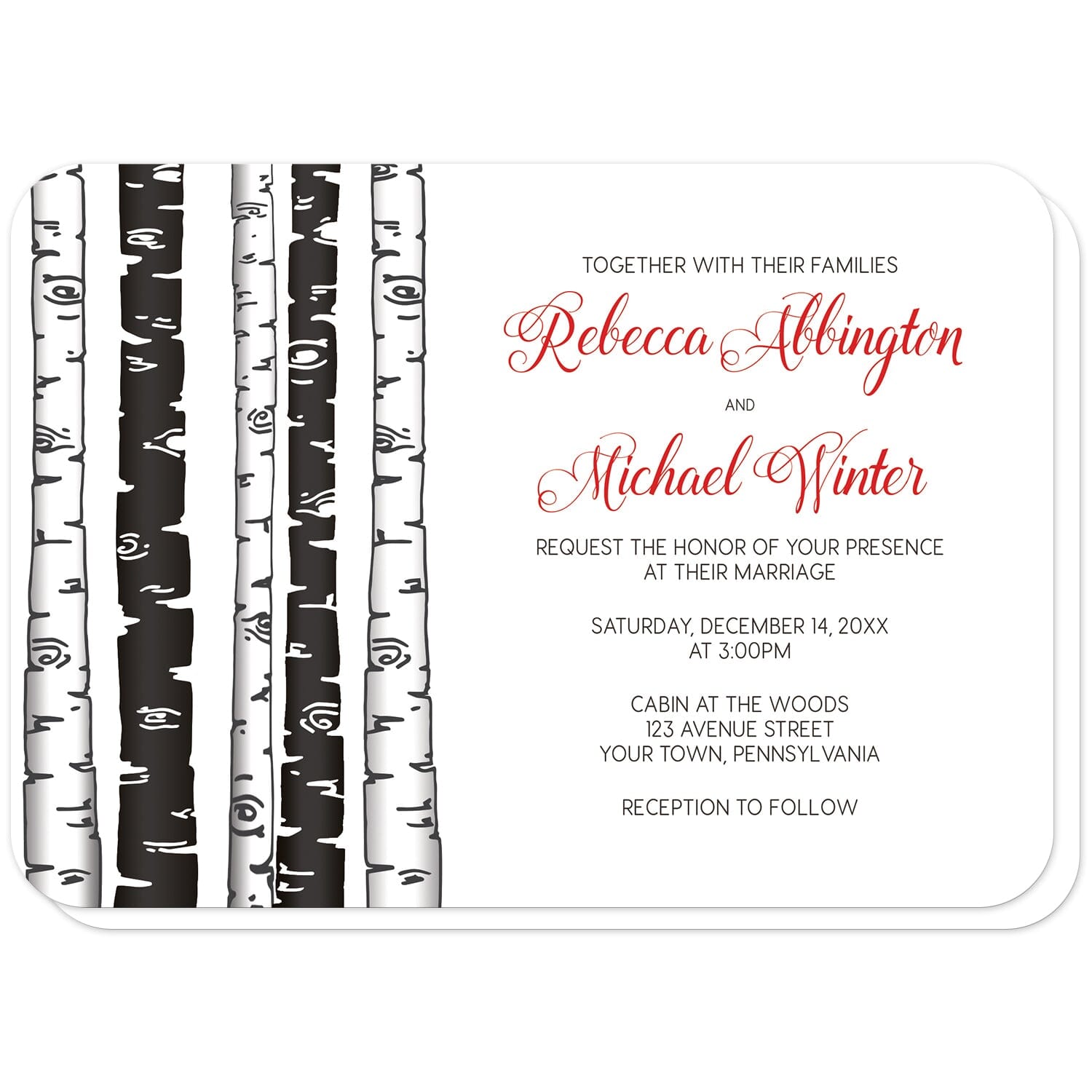 Monochrome Birch Tree with Red Wedding Invitations (with rounded corners) at Artistically Invited. Monochrome birch tree with red wedding invitations with an alternating monochrome black and white birch trees illustration along the left side. Your personalized marriage celebration details are custom printed beside the trees in black with the couple's names printed in a red script font for a splash of color.