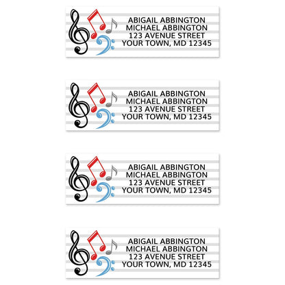 Music Notes Address Labels at Artistically Invited. Return address labels designed with red, blue, black, and gray music notes and symbols on the left side. These music notes and symbols, and your personalized return address in black, are printed over a set of 5 staff lines to continue the music theme. 4 labels per sheet.