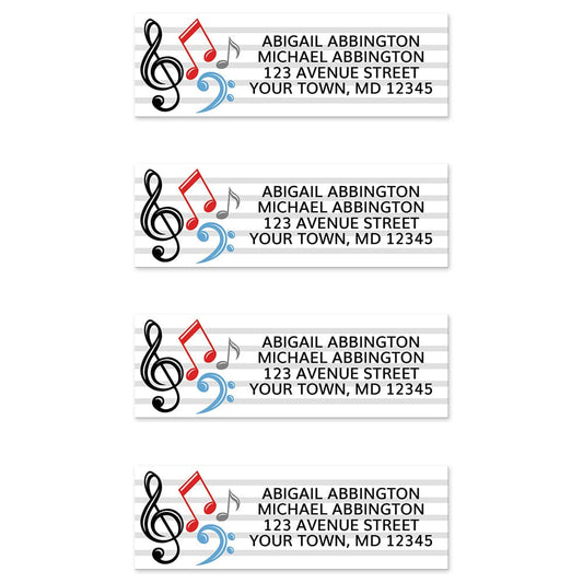 Music Notes Address Labels at Artistically Invited. Return address labels designed with red, blue, black, and gray music notes and symbols on the left side. These music notes and symbols, and your personalized return address in black, are printed over a set of 5 staff lines to continue the music theme. 4 labels per sheet.