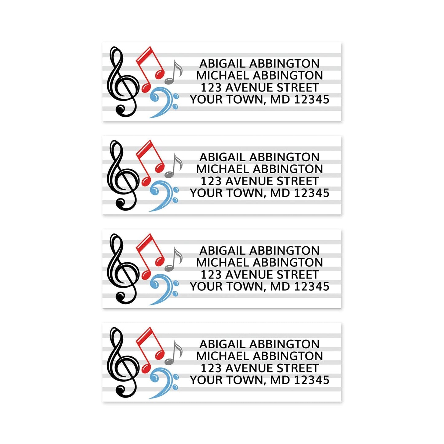 4 Music Notes Address Labels on a white background