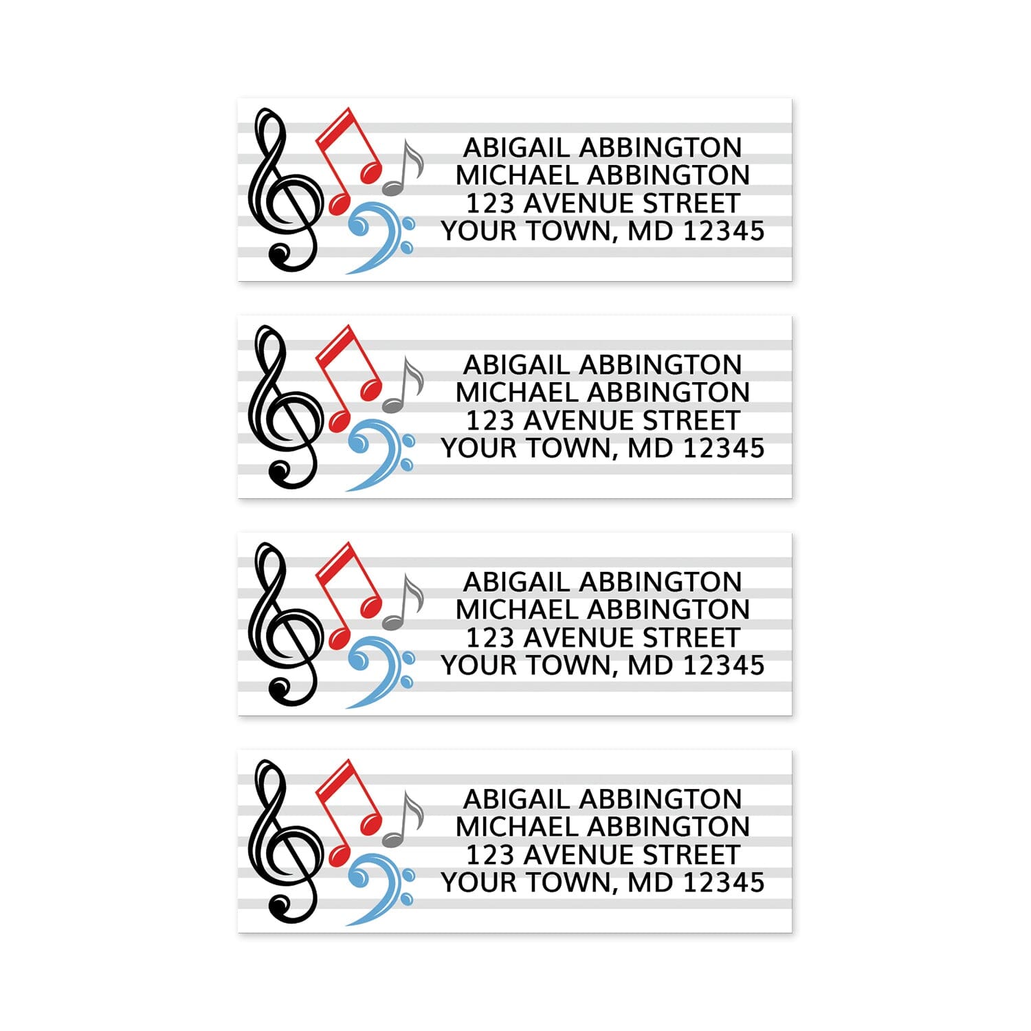 4 Music Notes Address Labels on a white background