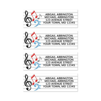 4 Music Notes Address Labels on a white background