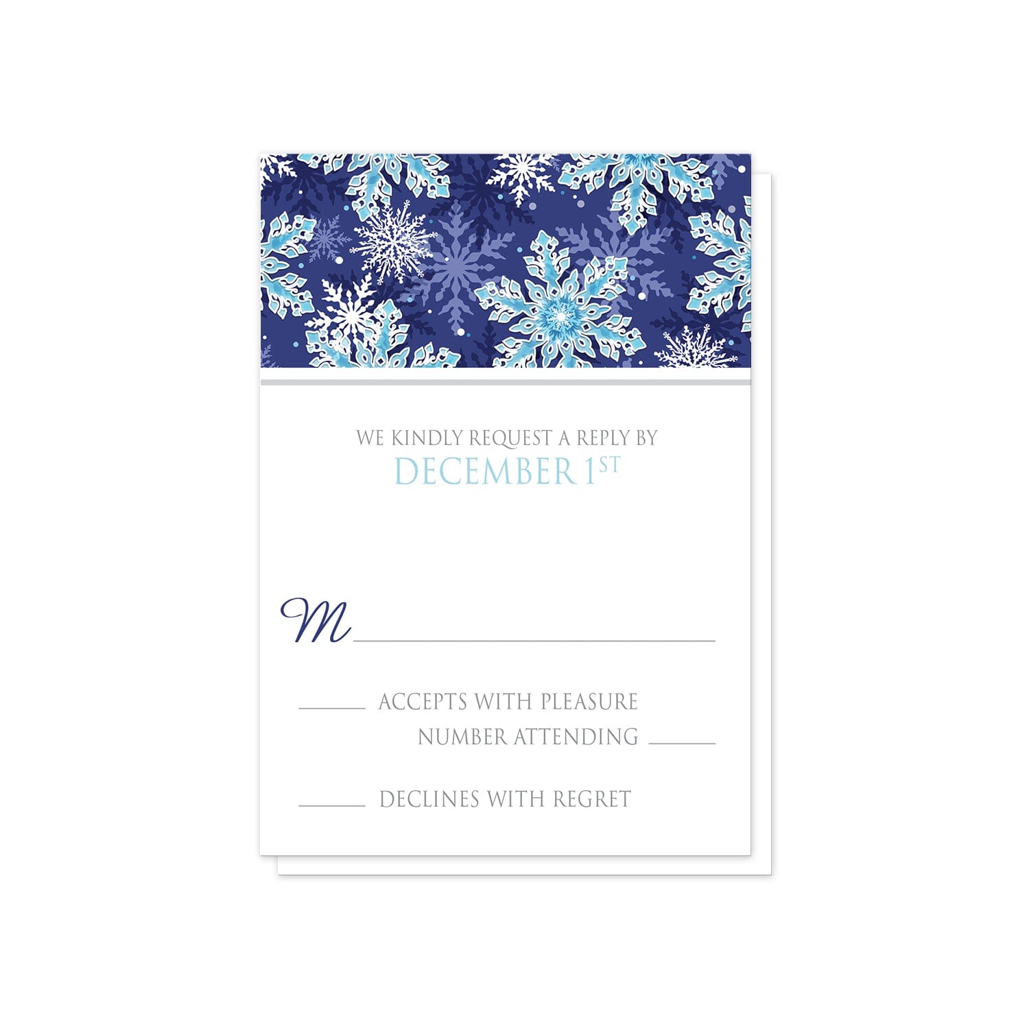 Navy Blue Aqua Snowflake RSVP Cards at Artistically Invited. Pretty navy blue aqua snowflake wedding invitations with a pattern of white and aqua blue snowflakes over a navy blue background. Your personalized marriage celebration details are custom printed in navy blue, aqua blue and gray in a white frame area in the center over the ornate navy blue snowflakes pattern.