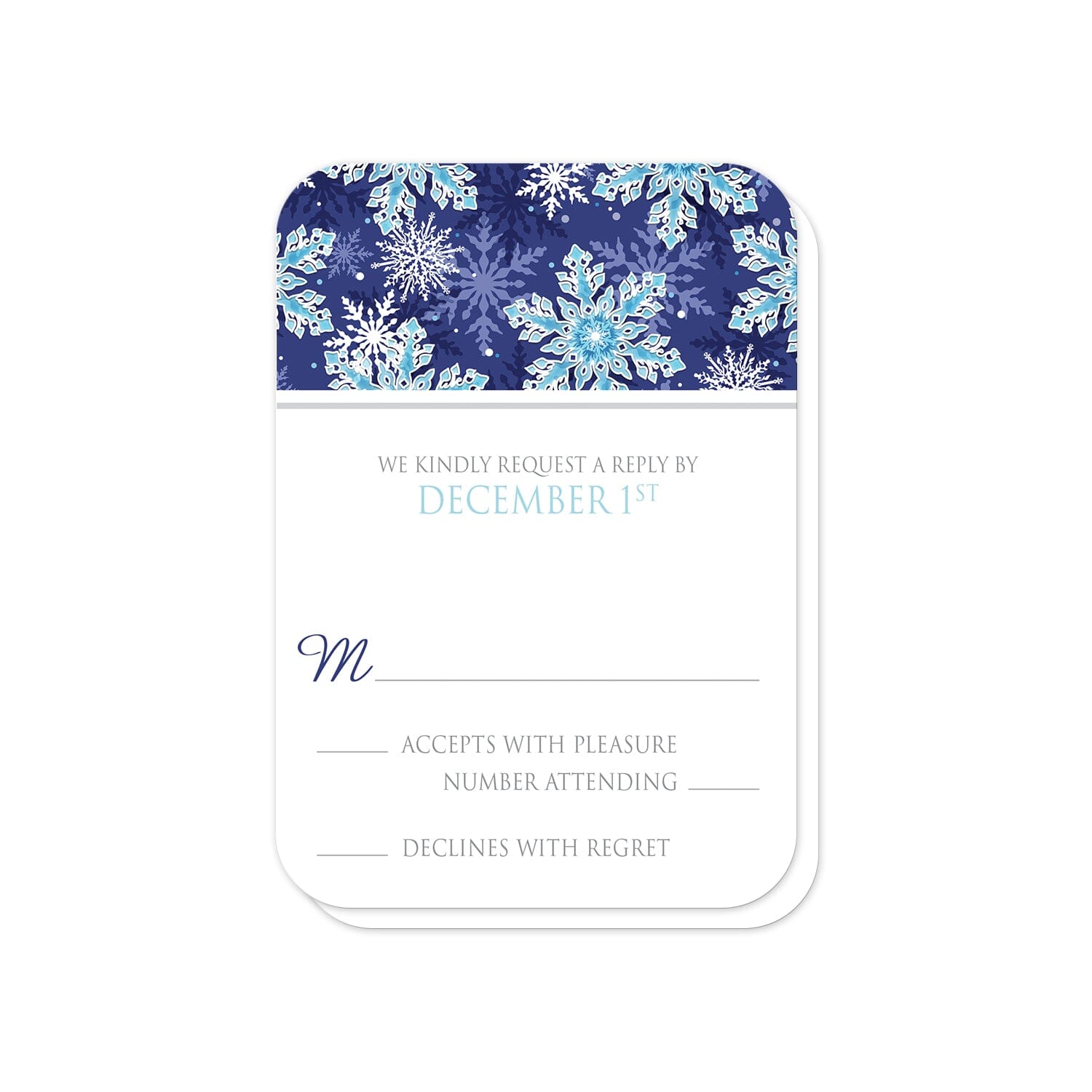 Navy Blue Aqua Snowflake RSVP Cards (with rounded corners) at Artistically Invited.