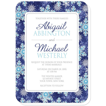 Navy Blue Aqua Snowflake Wedding Invitations (with rounded corners) at Artistically Invited.