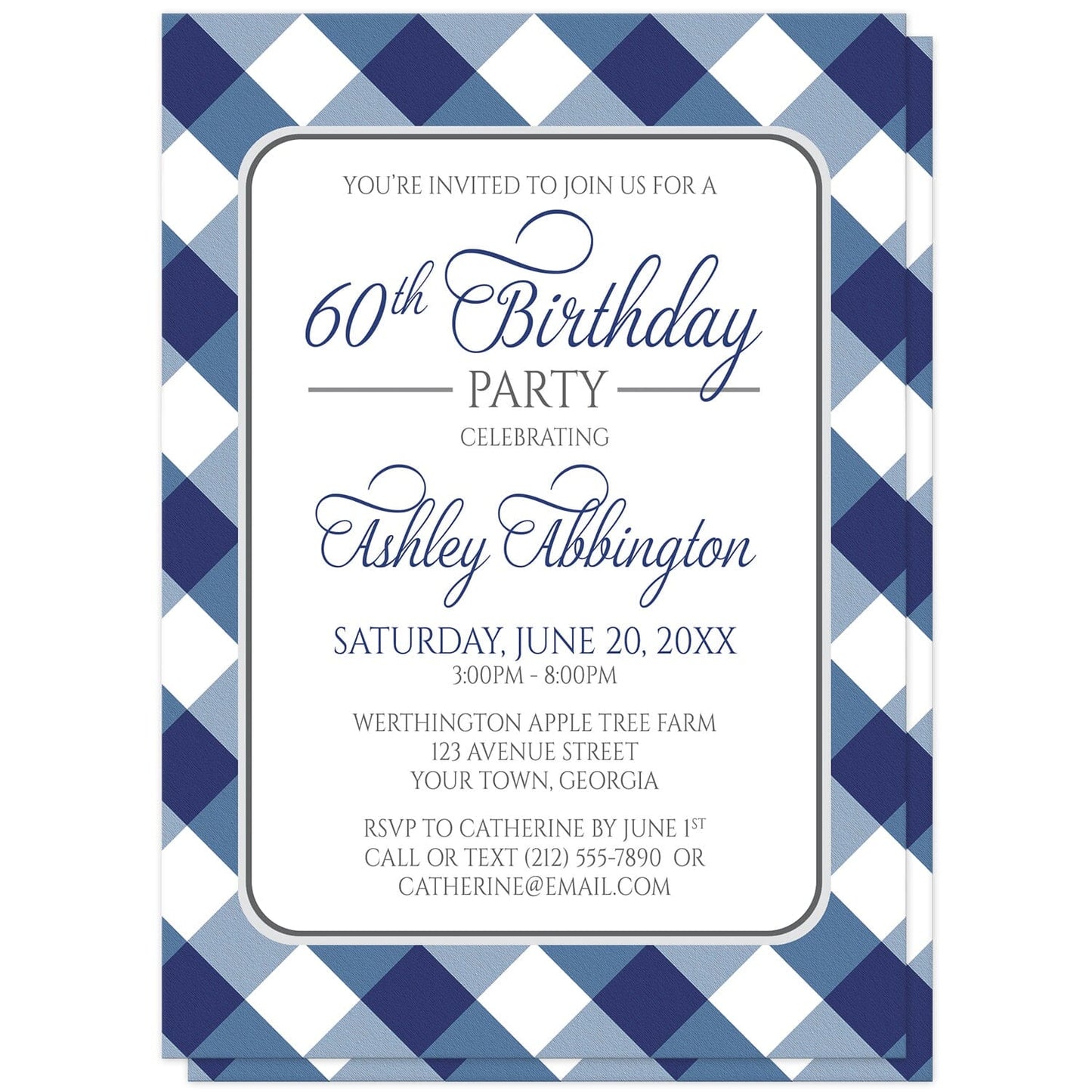 Navy Blue Gingham Birthday Party Invitations at Artistically Invited. Navy blue gingham birthday party invitations with your personalized party details custom printed in blue and gray inside a white rectangular area outlined in gray. The background design is a diagonal blue and white gingham pattern which is also printed on the back side. 