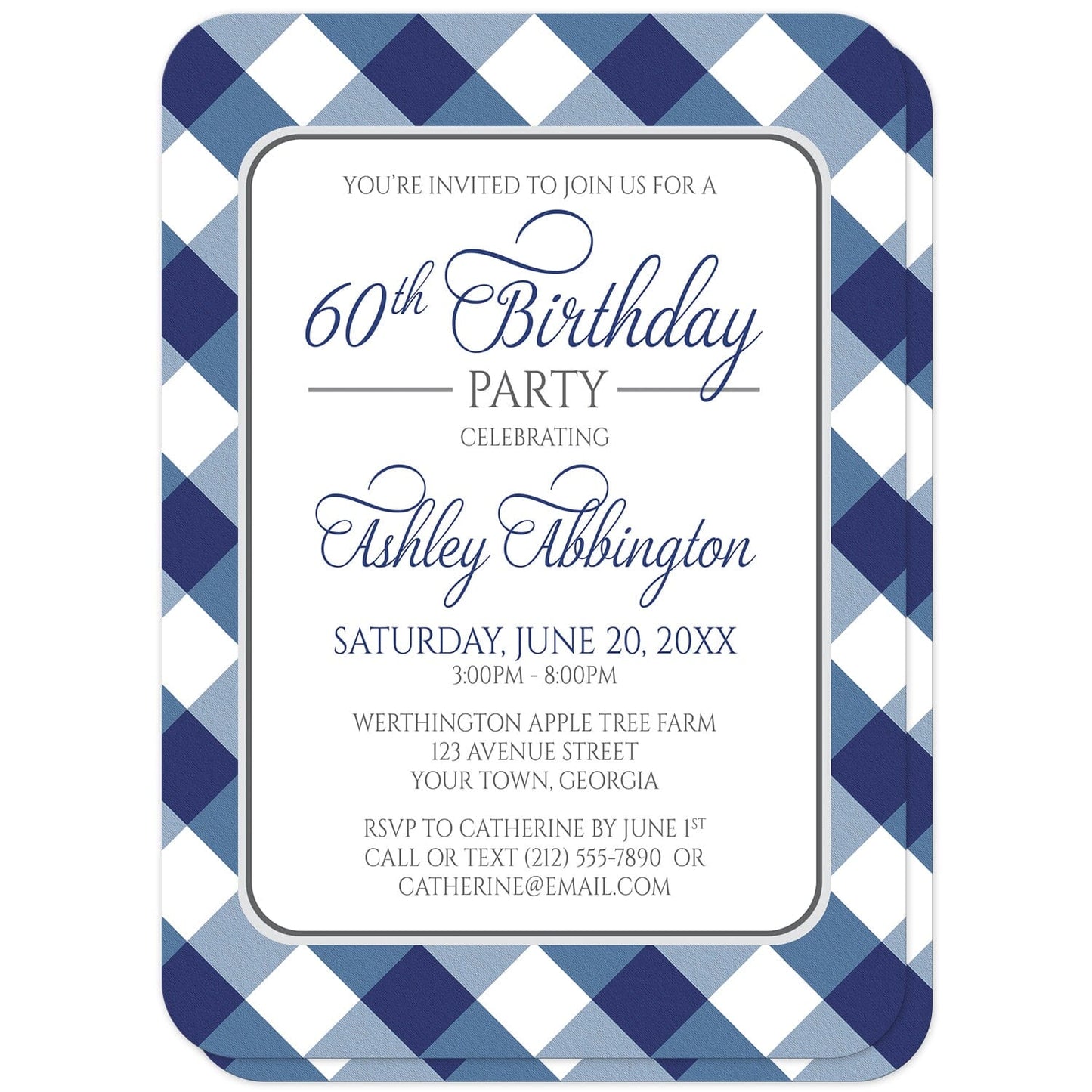 Navy Blue Gingham Birthday Party Invitations (with rounded corners) at Artistically Invited. Navy blue gingham birthday party invitations with your personalized party details custom printed in blue and gray inside a white rectangular area outlined in gray. The background design is a diagonal blue and white gingham pattern which is also printed on the back side. 