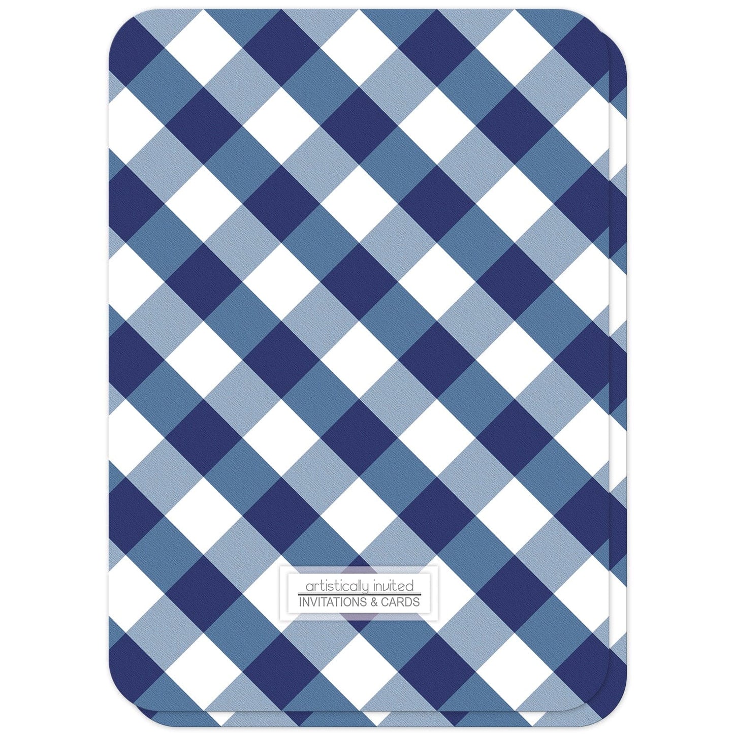 Navy Blue Gingham Birthday Party Invitations (back side with rounded corners) at Artistically Invited.