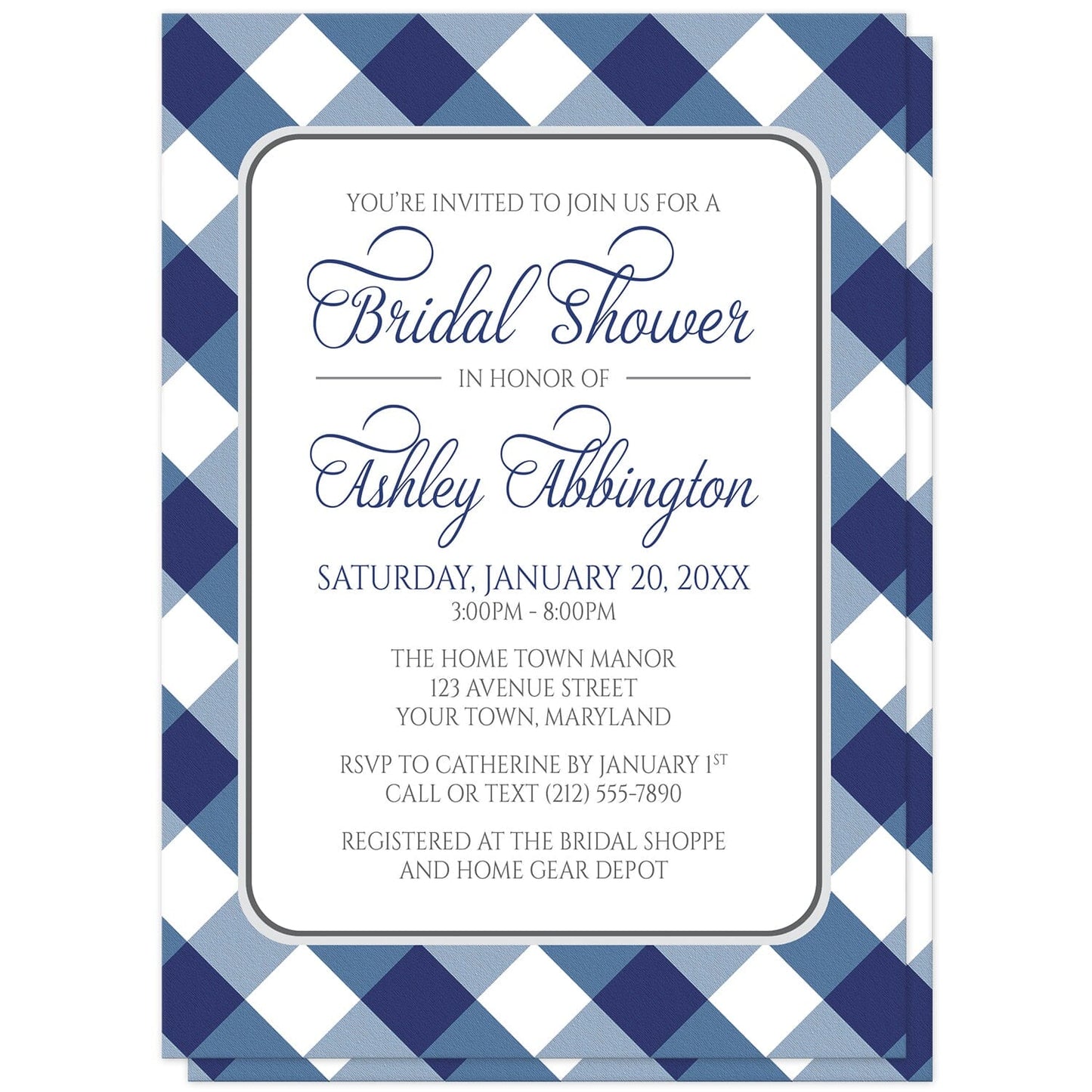 Navy Blue Gingham Bridal Shower Invitations at Artistically Invited. Navy blue gingham bridal shower invitations with your personalized bridal shower celebration details custom printed in blue and gray inside a white rectangular area outlined in gray. The background design is a diagonal blue and white gingham pattern which is also printed on the back side of the invitations. 