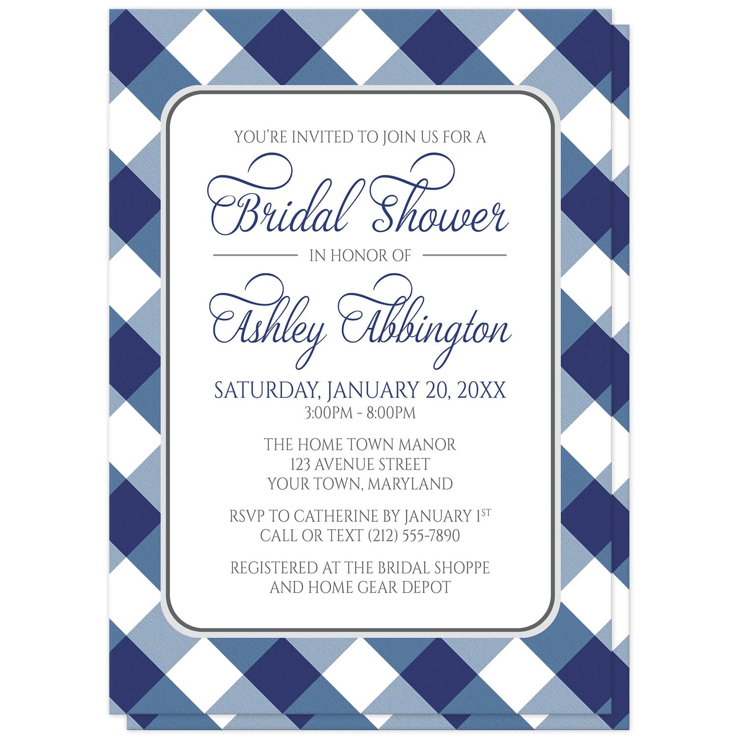 Navy Blue Gingham Bridal Shower Invitations at Artistically Invited. Navy blue gingham bridal shower invitations with your personalized bridal shower celebration details custom printed in blue and gray inside a white rectangular area outlined in gray. The background design is a diagonal blue and white gingham pattern which is also printed on the back side of the invitations. 