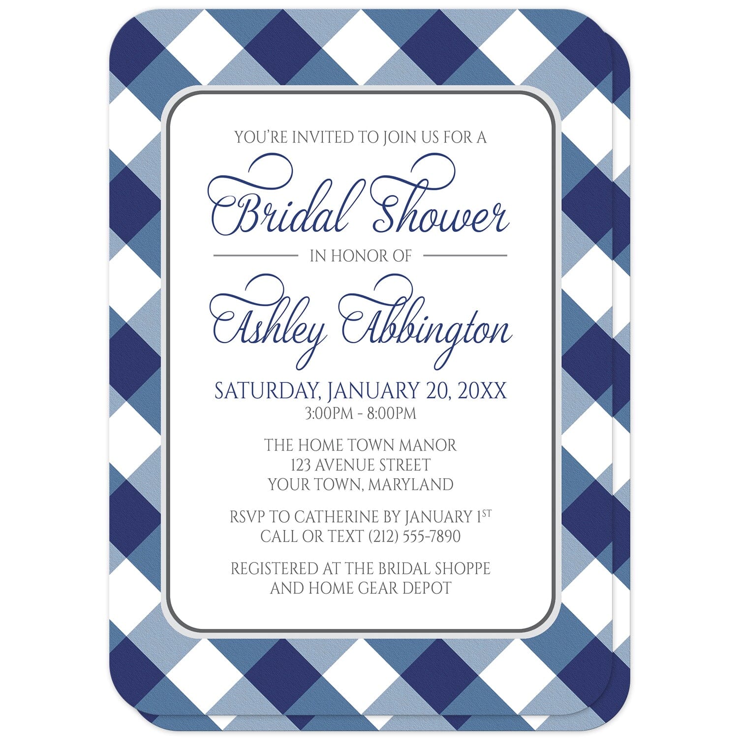 Navy Blue Gingham Bridal Shower Invitations (with rounded corners) at Artistically Invited. Navy blue gingham bridal shower invitations with your personalized bridal shower celebration details custom printed in blue and gray inside a white rectangular area outlined in gray. The background design is a diagonal blue and white gingham pattern which is also printed on the back side of the invitations. 