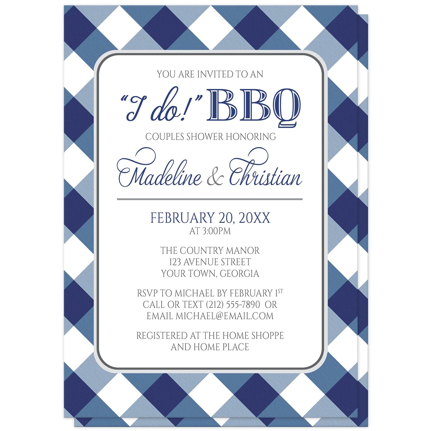Navy Blue Gingham I Do BBQ Couples Shower Invitations at Artistically Invited. Navy blue gingham I Do BBQ couples shower invitations with your celebration details in navy blue and gray, in a white rounded corners frame, over a diagonal navy blue and white gingham pattern background.