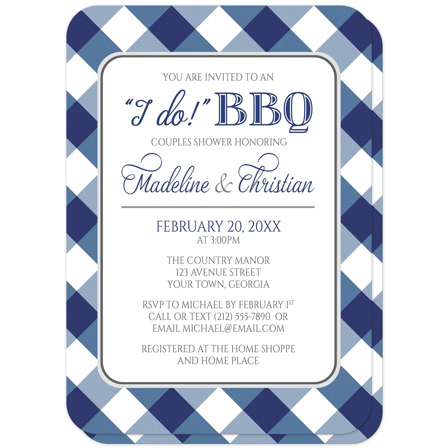 Navy Blue Gingham I Do BBQ Couples Shower Invitations (with rounded corners) at Artistically Invited. Navy blue gingham I Do BBQ couples shower invitations with your celebration details in navy blue and gray, in a white rounded corners frame, over a diagonal navy blue and white gingham pattern background.