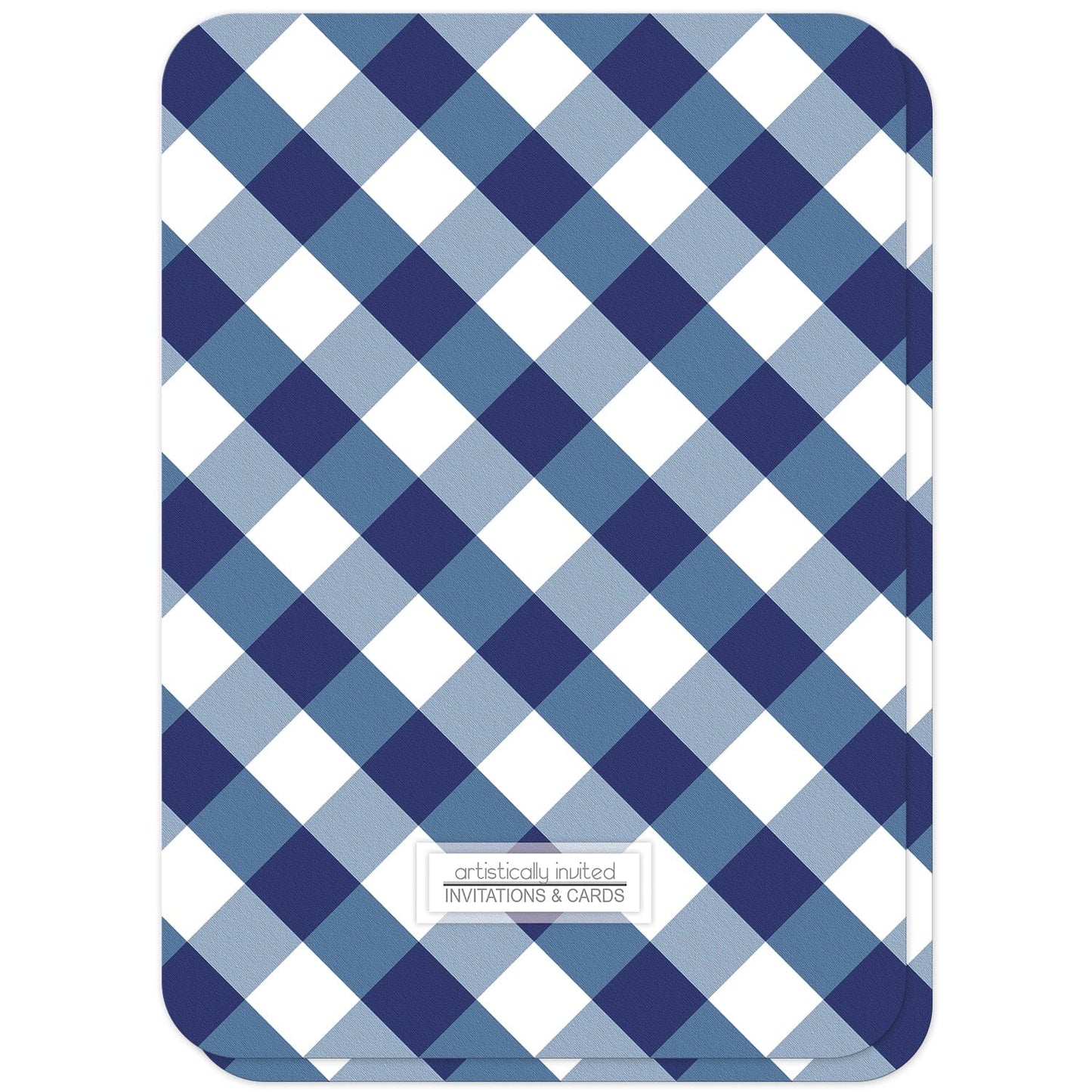 Navy Blue Gingham Bridal Shower Invitations (back side with rounded corners) at Artistically Invited.