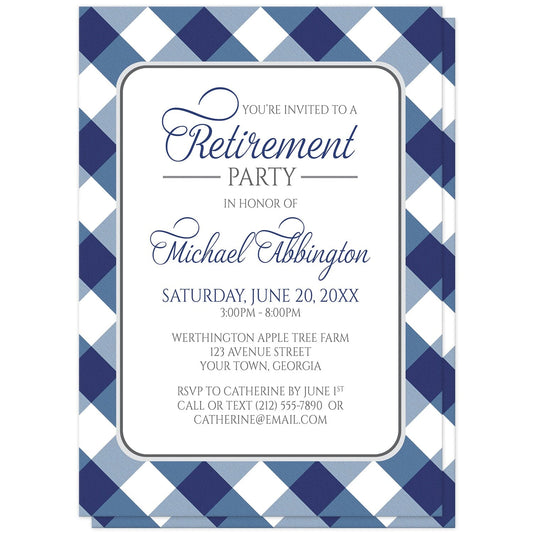 Navy Blue Gingham Retirement Invitations at Artistically Invited. Navy blue gingham retirement invitations with your personalized retirement party details custom printed in blue and gray inside a white rectangular area outlined in gray. The background design is a diagonal blue and white gingham pattern which is also printed on the back side of the invitations. 