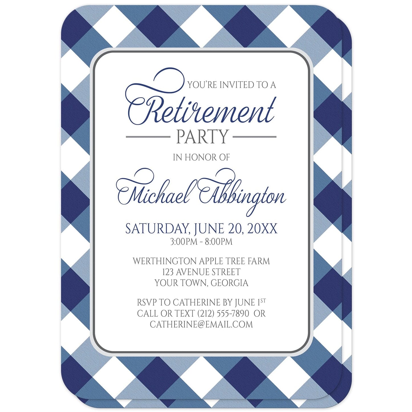 Navy Blue Gingham Retirement Invitations (with rounded corners) at Artistically Invited. Navy blue gingham retirement invitations with your personalized retirement party details custom printed in blue and gray inside a white rectangular area outlined in gray. The background design is a diagonal blue and white gingham pattern which is also printed on the back side of the invitations. 