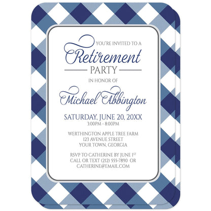 Navy Blue Gingham Retirement Invitations (with rounded corners) at Artistically Invited. Navy blue gingham retirement invitations with your personalized retirement party details custom printed in blue and gray inside a white rectangular area outlined in gray. The background design is a diagonal blue and white gingham pattern which is also printed on the back side of the invitations. 