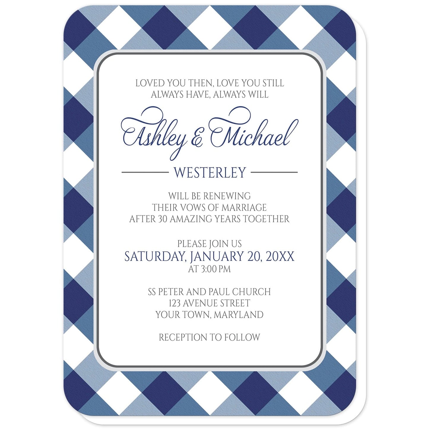 Navy Blue Gingham Vow Renewal Invitations (with rounded corners) at Artistically Invited. Navy blue gingham vow renewal invitations with your personalized vow renewal ceremony details custom printed in blue and gray inside a white rectangular area outlined in gray. The background design is a diagonal navy blue and white gingham pattern. 