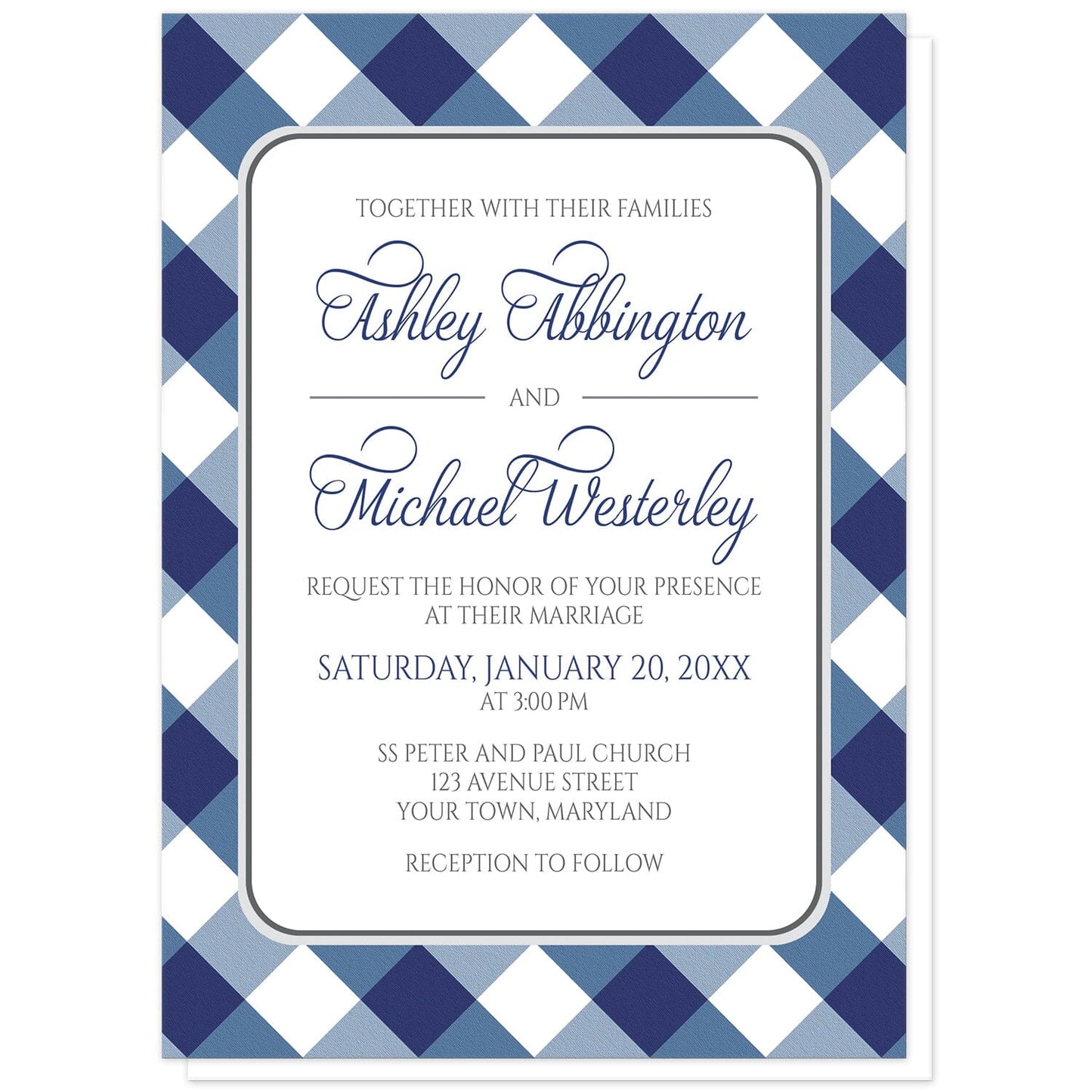 Navy Blue Gingham Wedding Invitations at Artistically Invited. Navy blue gingham wedding invitations with your personalized marriage celebration details custom printed in blue and gray inside a white rectangular area outlined in gray. The background design is a diagonal navy blue and white gingham pattern. 