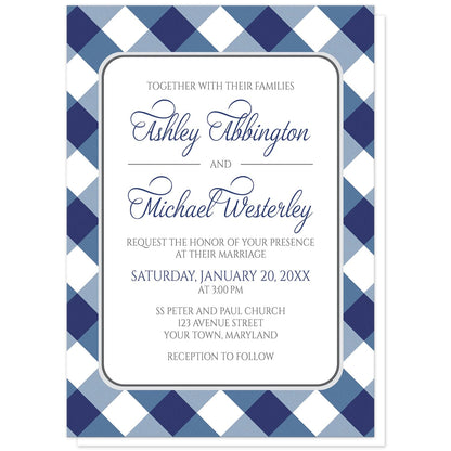 Navy Blue Gingham Wedding Invitations at Artistically Invited. Navy blue gingham wedding invitations with your personalized marriage celebration details custom printed in blue and gray inside a white rectangular area outlined in gray. The background design is a diagonal navy blue and white gingham pattern. 