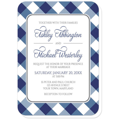 Navy Blue Gingham Wedding Invitations (with rounded corners) at Artistically Invited. Navy blue gingham wedding invitations with your personalized marriage celebration details custom printed in blue and gray inside a white rectangular area outlined in gray. The background design is a diagonal navy blue and white gingham pattern. 