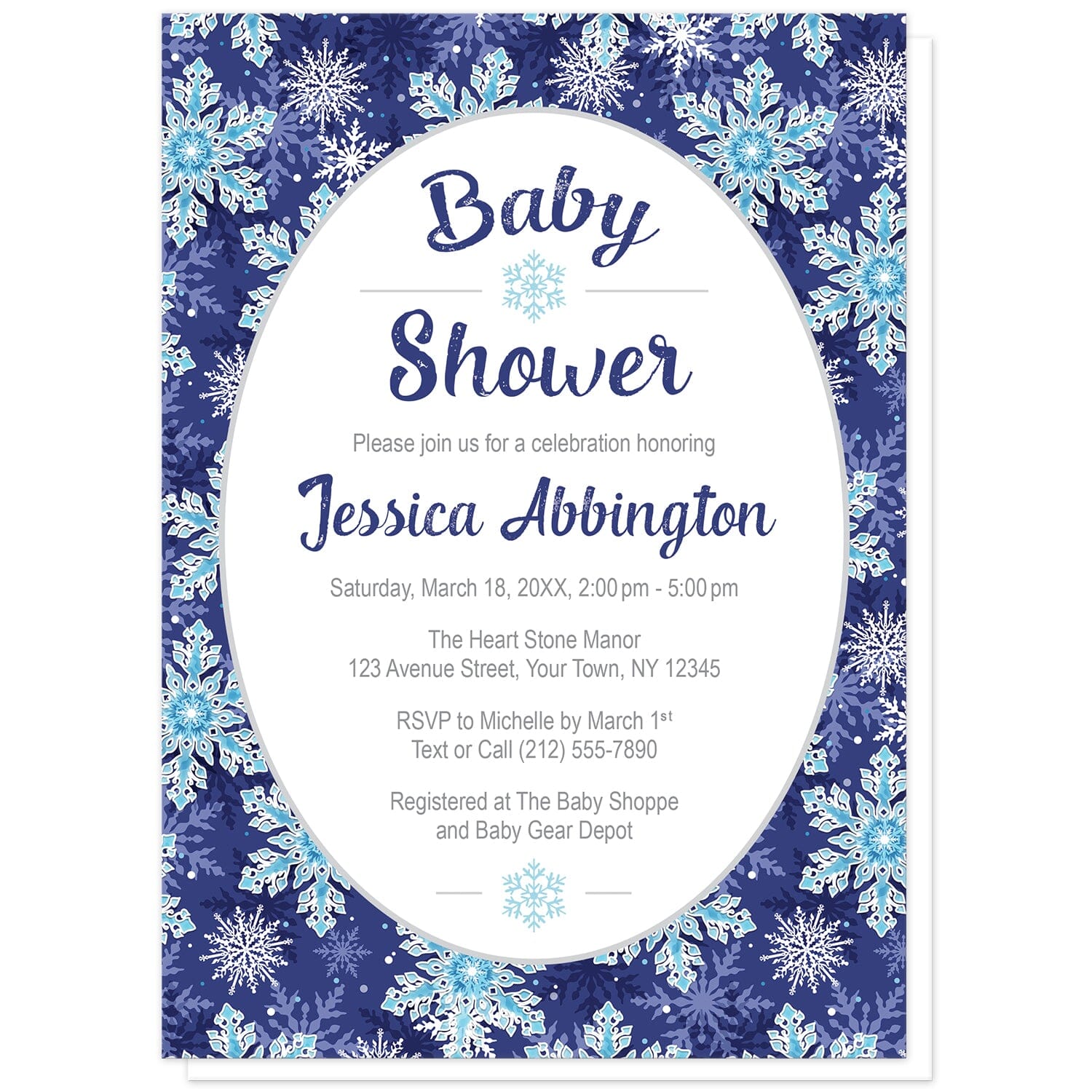 Navy Blue Snowflake Baby Shower Invitations at Artistically Invited. Beautifully ornate navy blue snowflake baby shower invitations with your personalized baby shower celebration details custom printed in blue and gray in a white oval frame design over a pretty navy blue, aqua blue, and white snowflake pattern background.