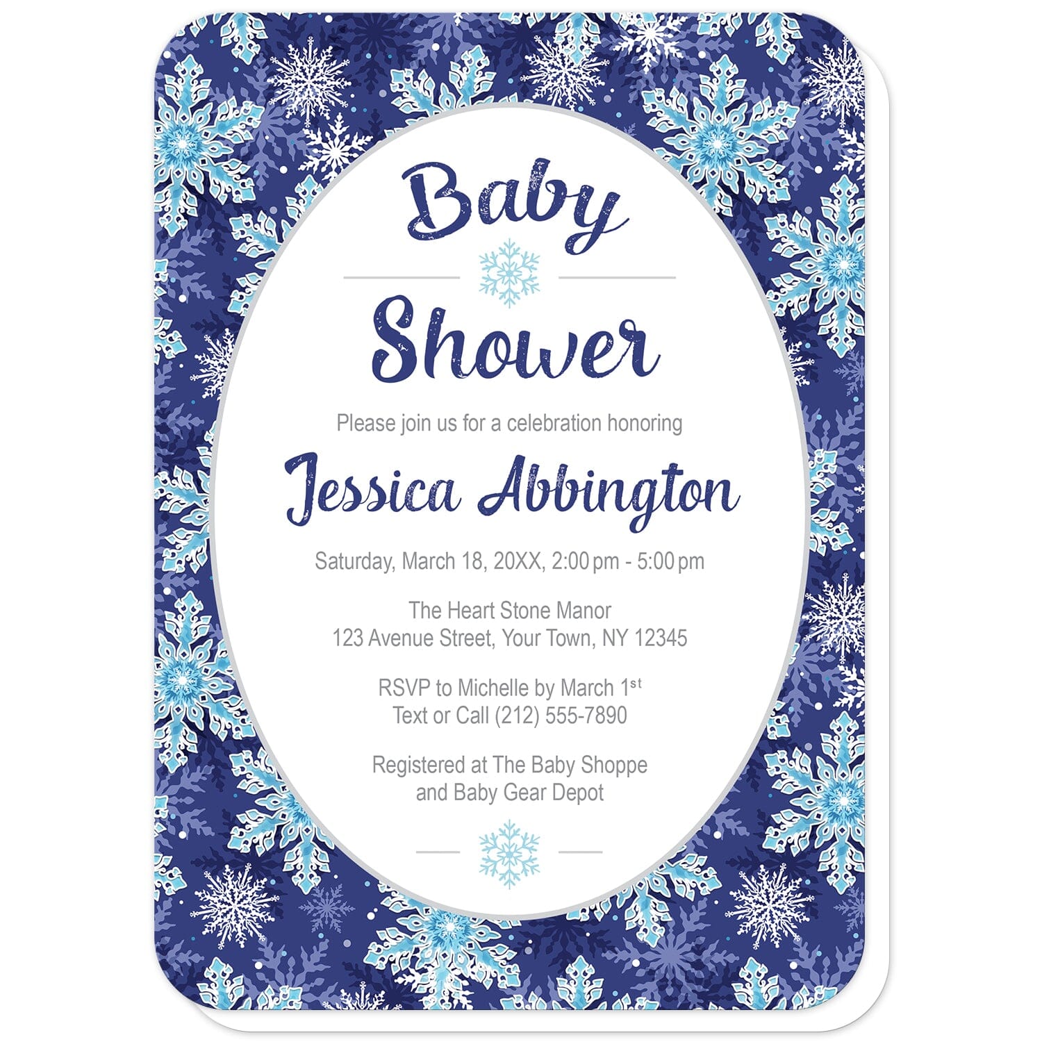 Navy Blue Snowflake Baby Shower Invitations (with rounded corners) at Artistically Invited. Beautifully ornate navy blue snowflake baby shower invitations with your personalized baby shower celebration details custom printed in blue and gray in a white oval frame design over a pretty navy blue, aqua blue, and white snowflake pattern background.