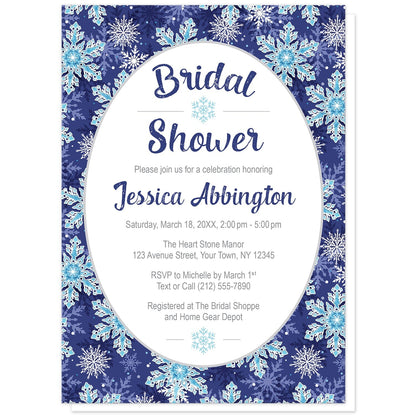 Navy Blue Snowflake Bridal Shower Invitations at Artistically Invited. Beautifully ornate navy blue snowflake bridal shower invitations designed with your personalized celebration details custom printed in navy blue and gray in a white oval frame design over a navy blue, aqua, and white snowflake pattern background.