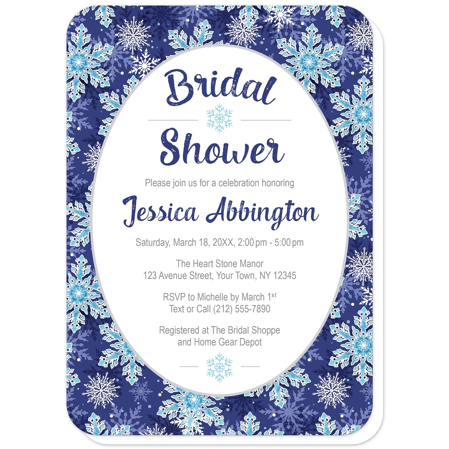 Navy Blue Snowflake Bridal Shower Invitations (rounded corners) at Artistically Invited. Beautifully ornate navy blue snowflake bridal shower invitations designed with your personalized celebration details custom printed in navy blue and gray in a white oval frame design over a navy blue, aqua, and white snowflake pattern background.