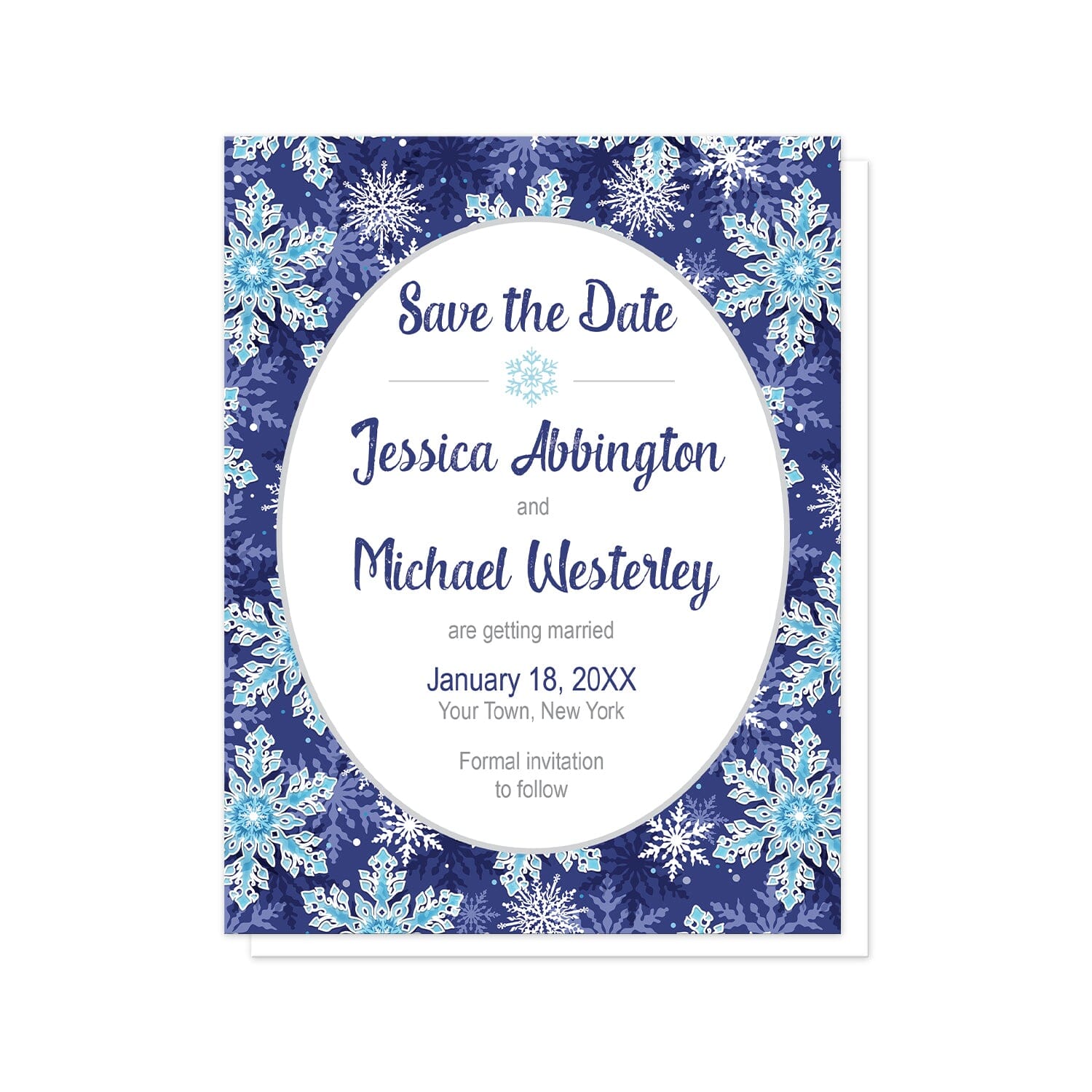 Navy Blue Snowflake Save the Date Cards at Artistically Invited. Beautifully ornate navy blue snowflake save the date cards designed with your personalized wedding date announcement details custom printed in navy blue and gray in a white oval frame design over a navy blue, aqua, and white snowflake pattern background.