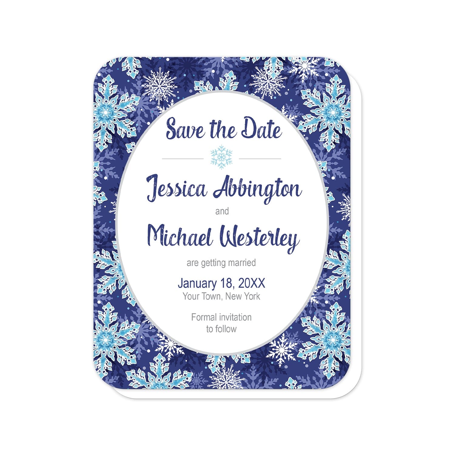 Navy Blue Snowflake Save the Date Cards (with rounded corners) at Artistically Invited. Beautifully ornate navy blue snowflake save the date cards designed with your personalized wedding date announcement details custom printed in navy blue and gray in a white oval frame design over a navy blue, aqua, and white snowflake pattern background.