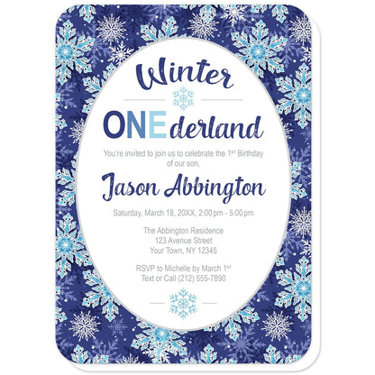 Navy Blue Snowflake 1st Birthday Winter Onederland Invitations (with rounded corners) at Artistically Invited. Beautifully ornate navy blue snowflake 1st birthday Winter Onederland invitations designed with your personalized 1st birthday party details custom printed in blue and gray in a white oval over a pretty aqua blue and white snowflakes pattern on a navy blue background.