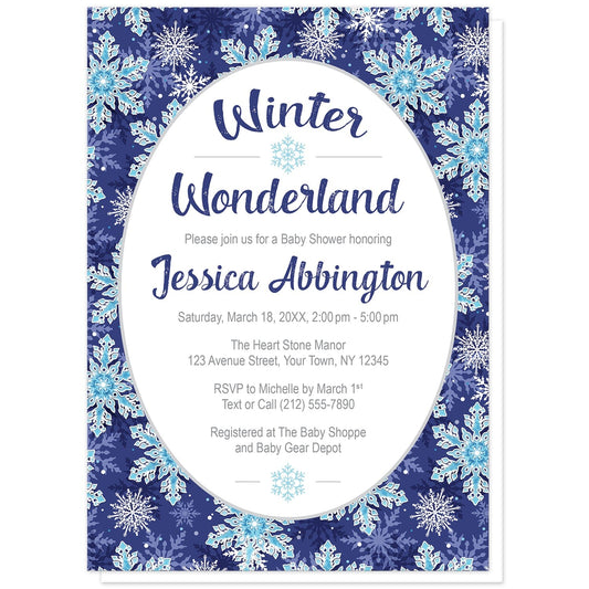 Navy Blue Snowflake Winter Wonderland Baby Shower Invitations at Artistically Invited. Beautifully ornate navy blue snowflake Winter Wonderland baby shower invitations designed with your personalized baby shower celebration details custom printed in blue and gray in a white oval frame design over a pretty navy blue, aqua blue, and white snowflake pattern background.