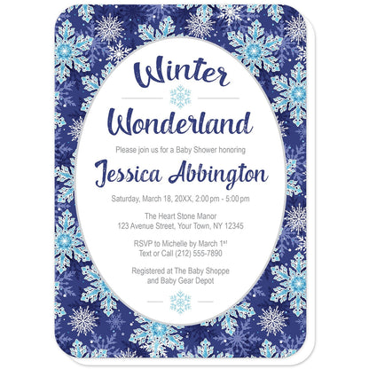 Navy Blue Snowflake Winter Wonderland Baby Shower Invitations (with rounded corners) at Artistically Invited. Beautifully ornate navy blue snowflake Winter Wonderland baby shower invitations designed with your personalized baby shower celebration details custom printed in blue and gray in a white oval frame design over a pretty navy blue, aqua blue, and white snowflake pattern background.