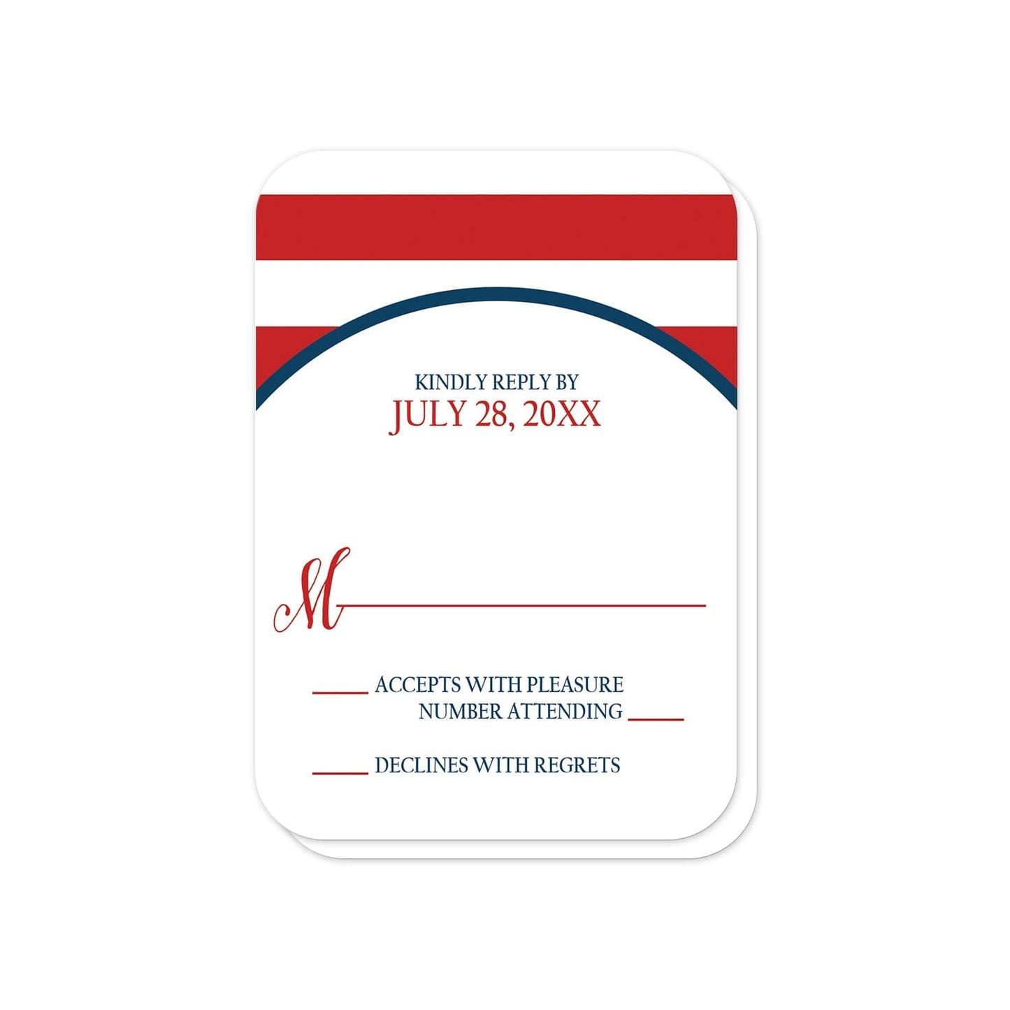 Navy Circle Red Stripe Nautical RSVP Cards (with rounded corners) at Artistically Invited.